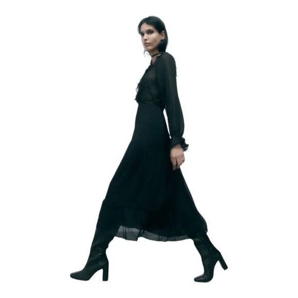 ZARA | Black | MIDI DRESS WITH RUFFLES - Picture 7 of 9